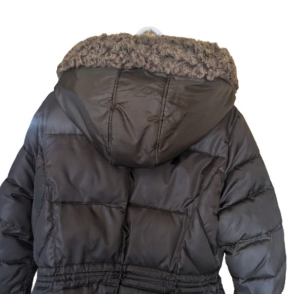 Long Hooded Dark Green Puffer Coat with Cinched Waist Size Large - Picture 10 of 11